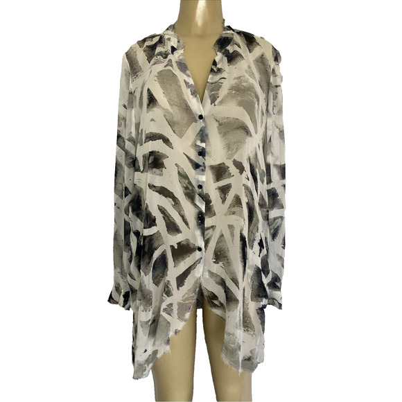 GO BY GO SILK Tops - Go by Go Silk Shirt Button Down Tunic Sheer Gray White Silk V Neck Long Sleeve L